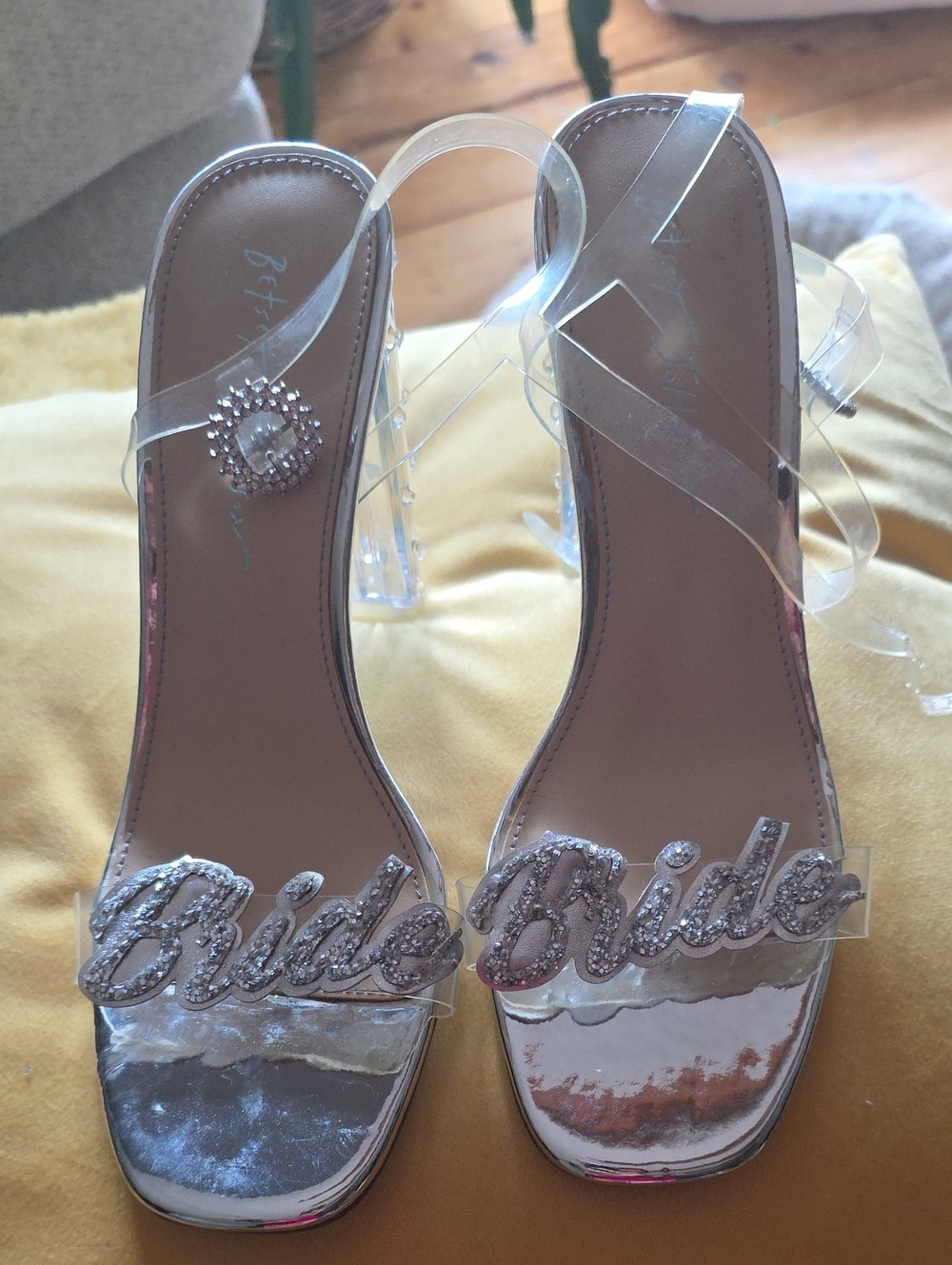 Betsey Johnson Silver 'Bride' Embellished Clear Strap Heels
